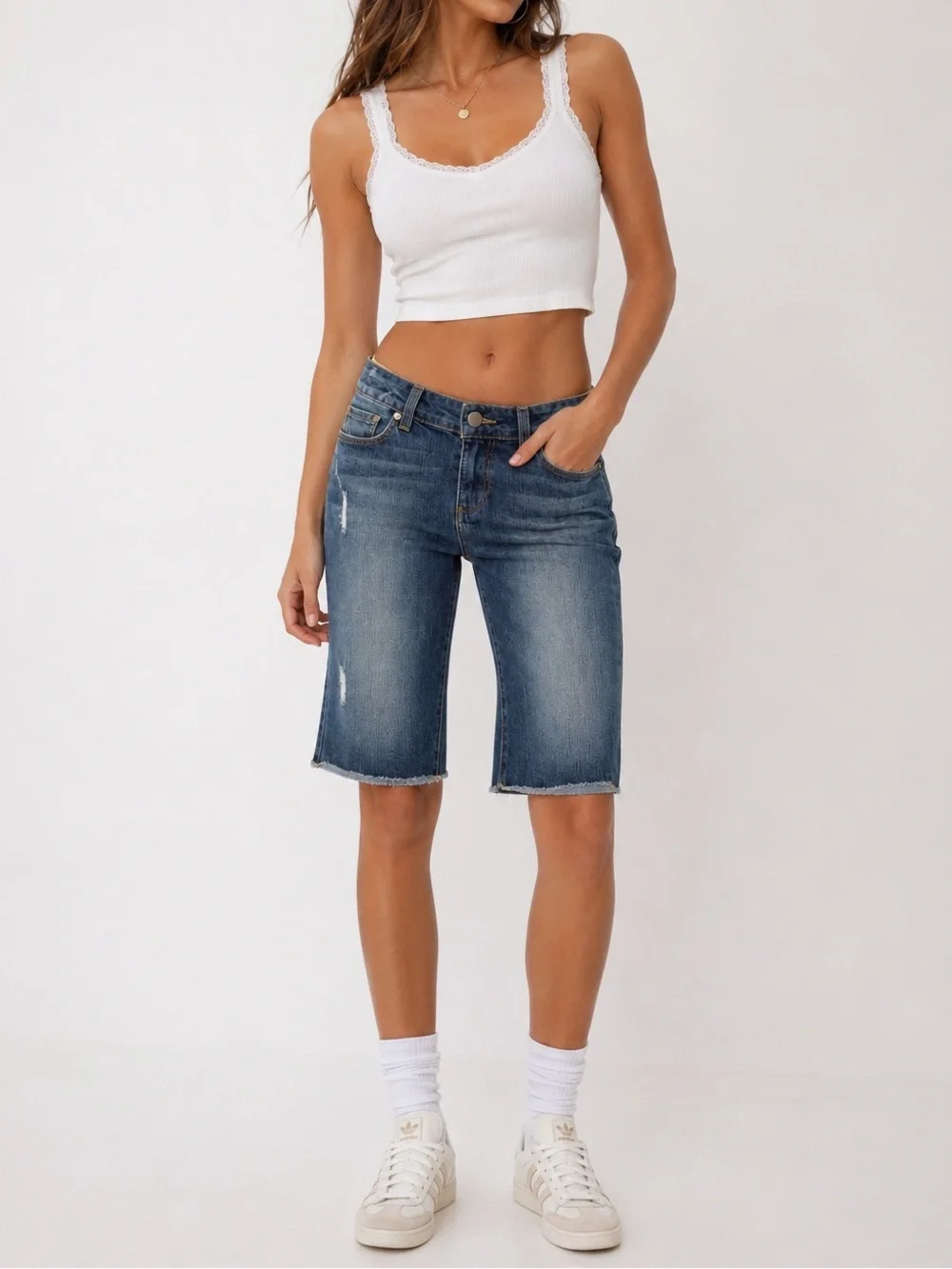 PAIGE Denim Bermuda Shorts Size 25 Distressed Raw Hem Stretch Knee Length Y2K